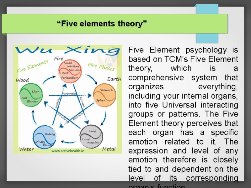 “Five elements theory” Five Element psychology is based on TCM’s Five Element theory, which